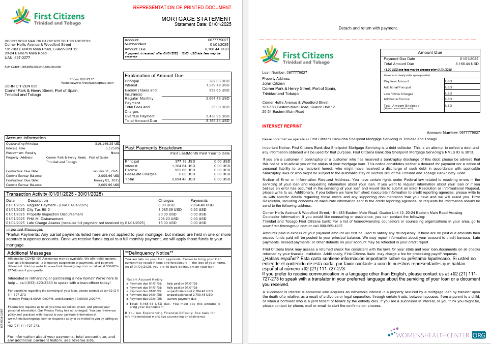 Trinidad and Tobago First Citizens Bank mortgage statement in Word and PDF formats, 3 pages 1 2